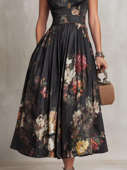 Vestido midi de satén negro floral plisado con cuello de gota