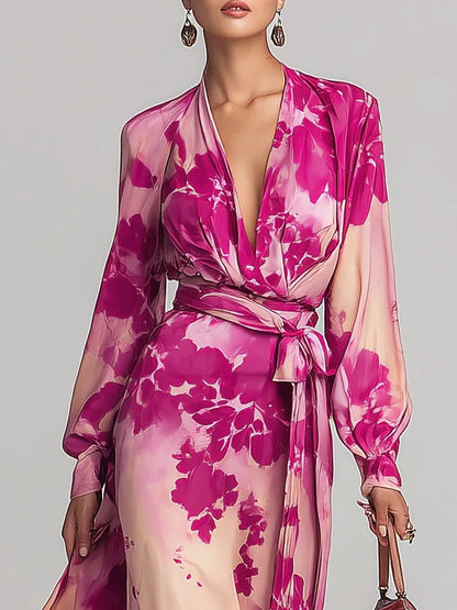 Vestido largo floral rojo rosado con cuello en V y cinturón