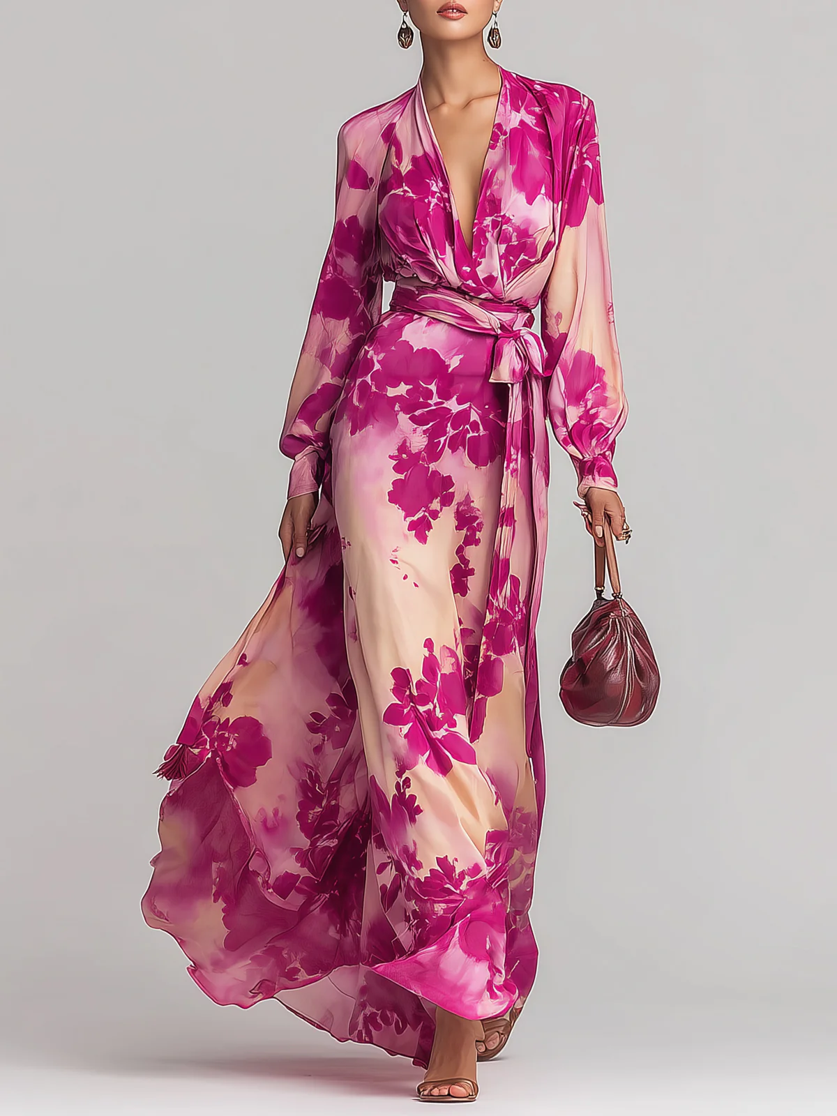 Vestido largo floral rojo rosado con cuello en V y cinturón