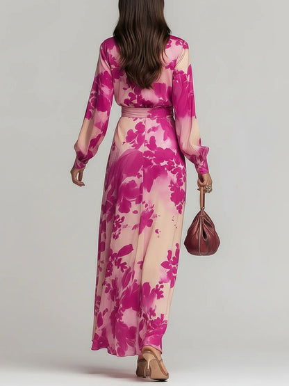 Vestido largo floral rojo rosado con cuello en V y cinturón