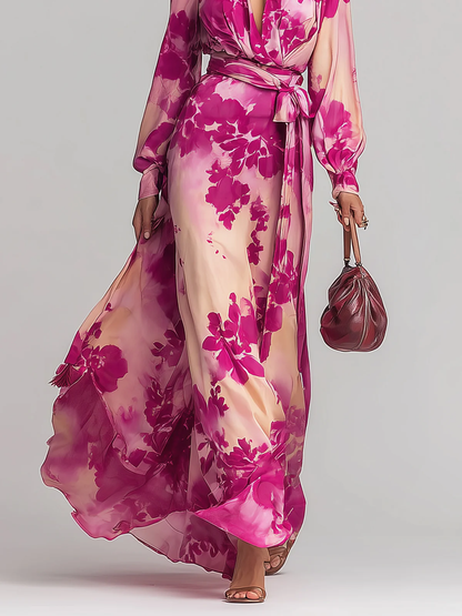 Vestido largo floral rojo rosado con cuello en V y cinturón