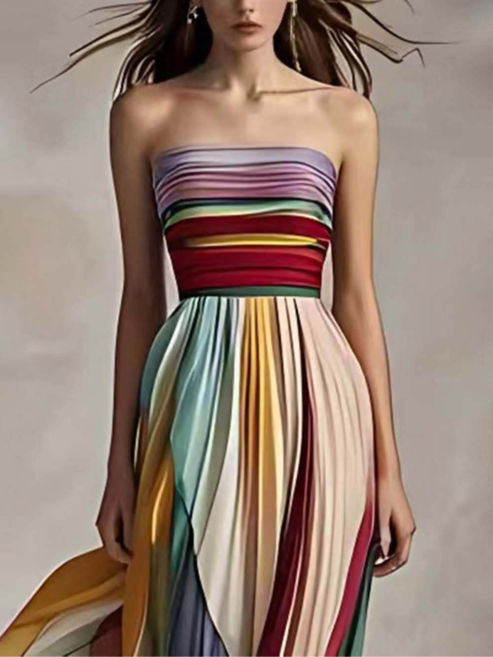 Elegante vestido largo palabra de honor plisado con estampado de rayas