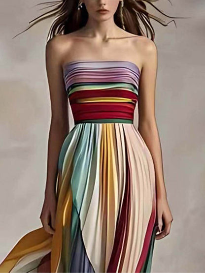 Elegante vestido largo palabra de honor plisado con estampado de rayas