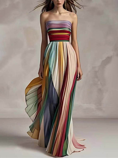 Elegante vestido largo palabra de honor plisado con estampado de rayas