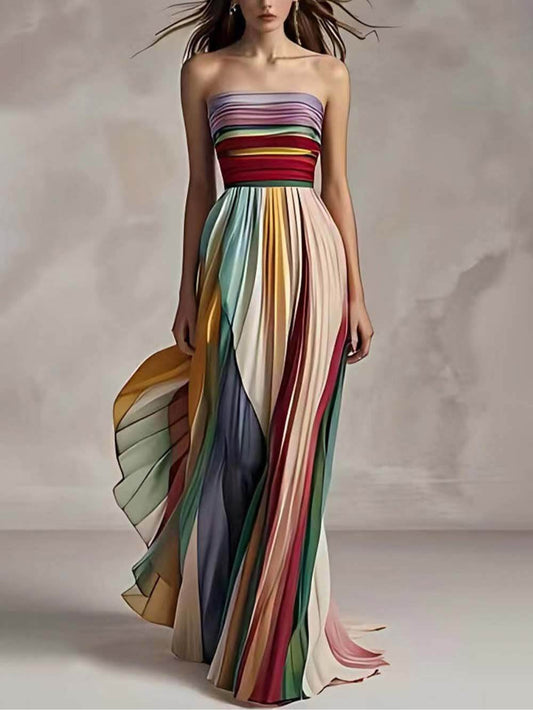 Elegante vestido largo palabra de honor plisado con estampado de rayas