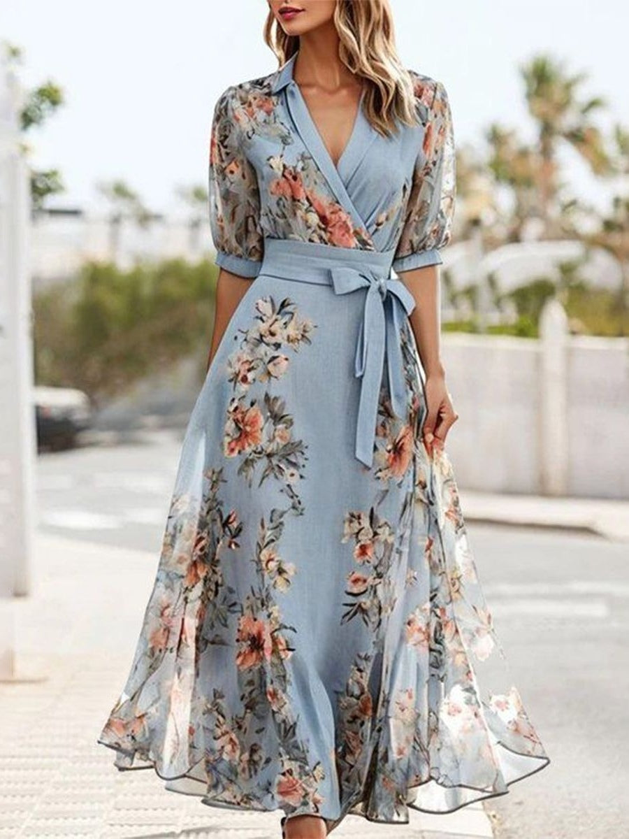 Vestido midi con estampado floral, cuello en V, manga corta y lazo en la cintura