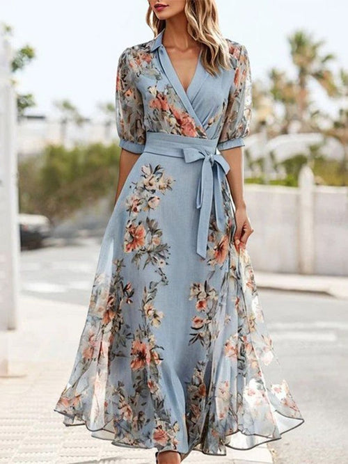 Vestido midi con estampado floral, cuello en V, manga corta y lazo en la cintura