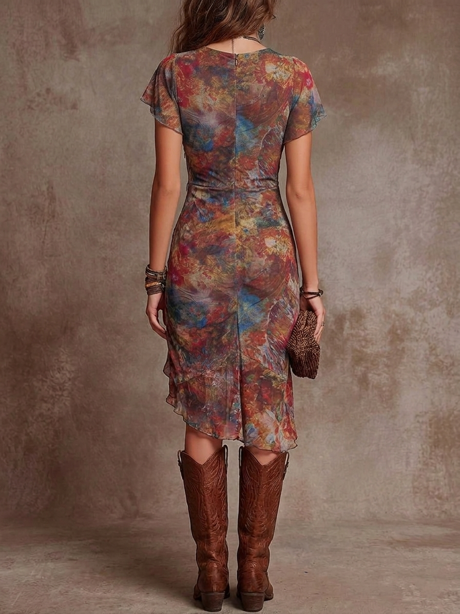 Vestido midi bohemio plisado con cuello en V y estampado artístico abstracto