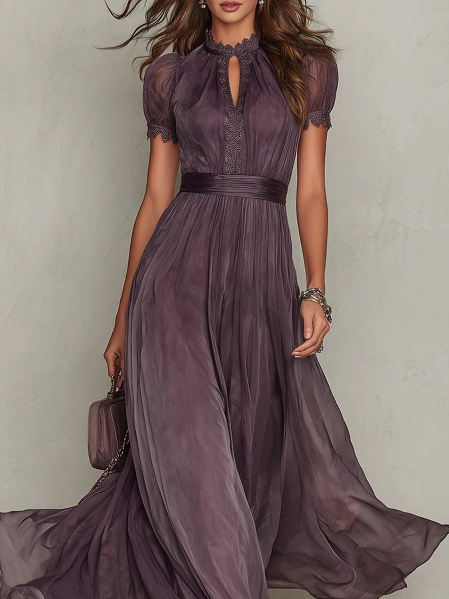 Vestido maxi de gasa morado con escote de gota y ribete de encaje