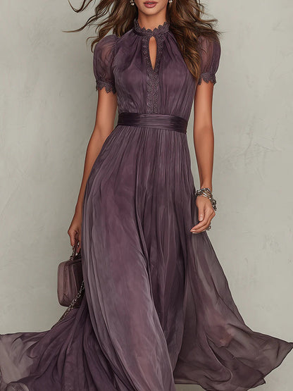 Vestido maxi de gasa morado con escote de gota y ribete de encaje