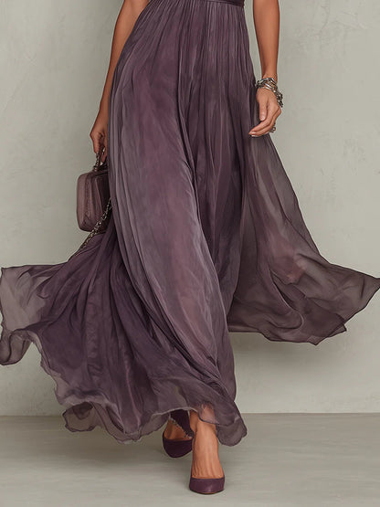 Vestido maxi de gasa morado con escote de gota y ribete de encaje