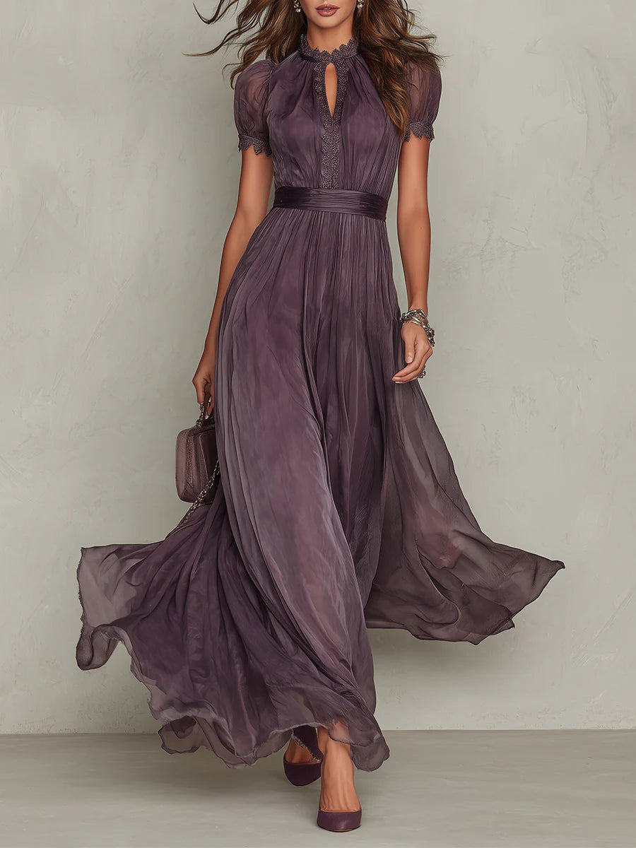 Vestido maxi de gasa morado con escote de gota y ribete de encaje