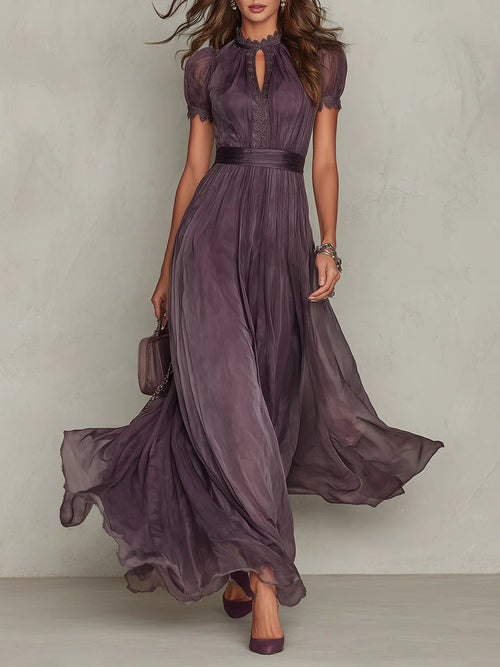 Vestido maxi de gasa morado con escote de gota y ribete de encaje