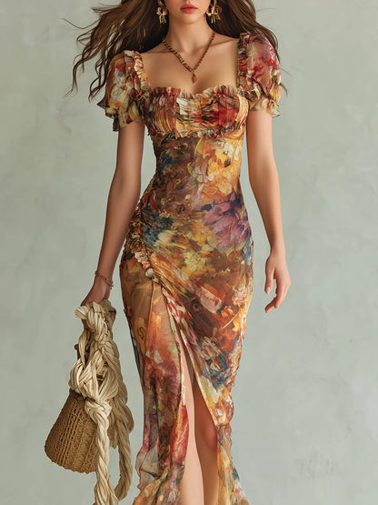 Vestido maxi de gasa naranja bohemio de vacaciones con estampado tipo pintura al óleo
