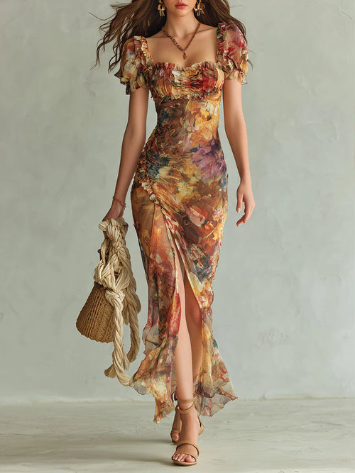 Vestido maxi de gasa naranja bohemio de vacaciones con estampado tipo pintura al óleo