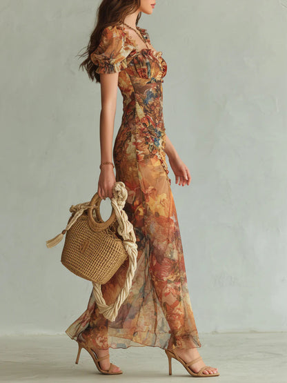 Vestido maxi de gasa naranja bohemio de vacaciones con estampado tipo pintura al óleo