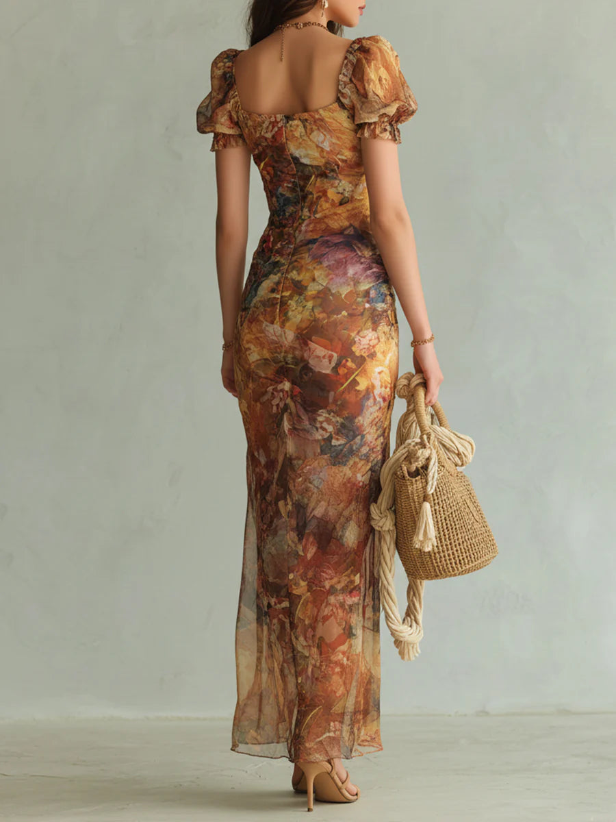 Vestido maxi de gasa naranja bohemio de vacaciones con estampado tipo pintura al óleo