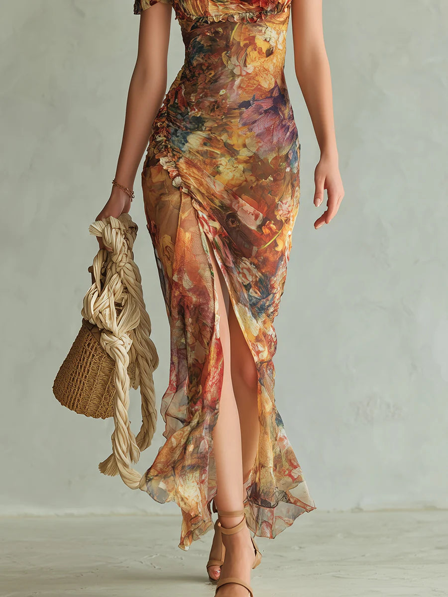Vestido maxi de gasa naranja bohemio de vacaciones con estampado tipo pintura al óleo