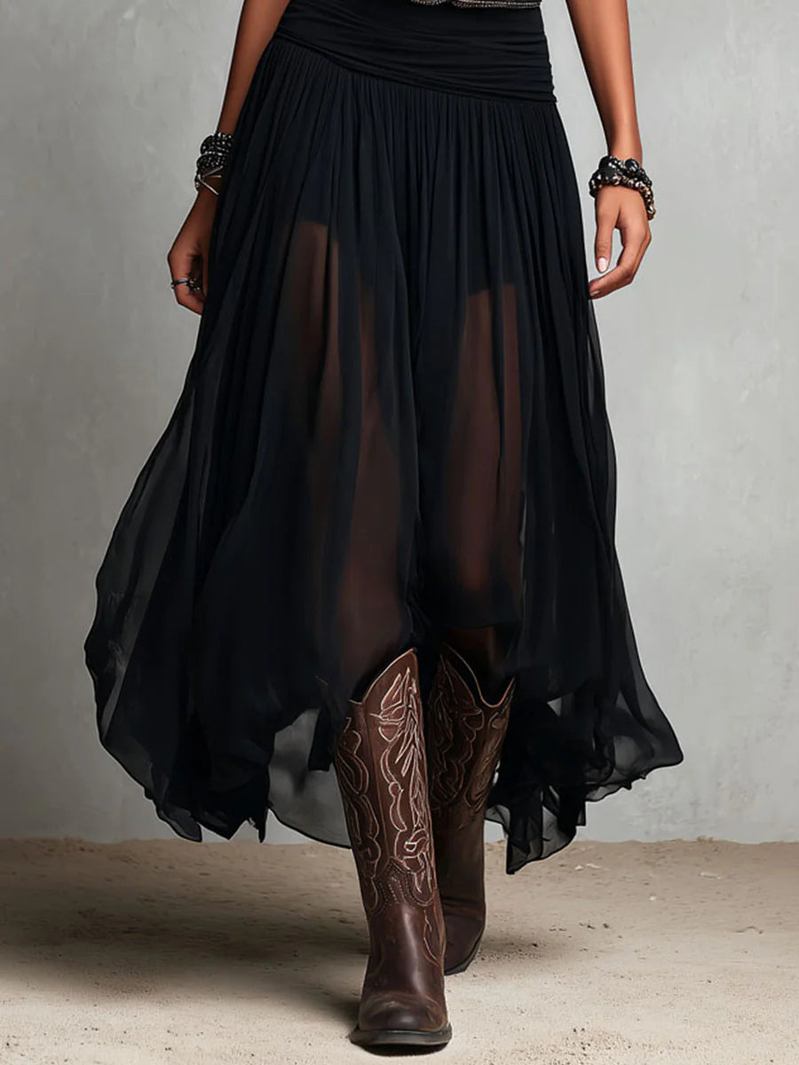Vestido maxi negro con cuerpo de tirantes y falda de tul (sin cinturón)