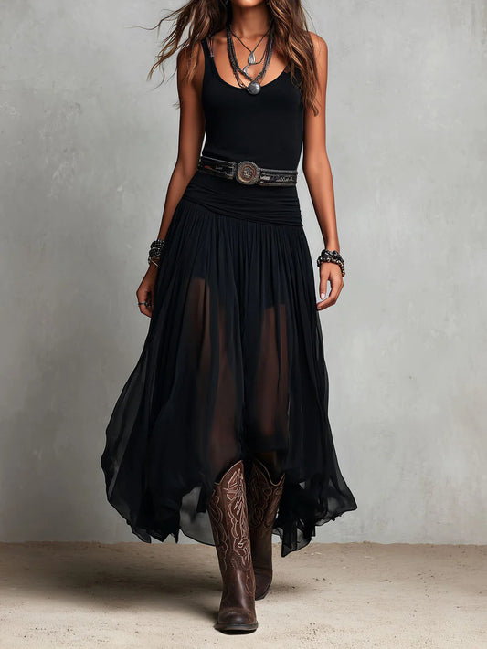 Vestido maxi negro con cuerpo de tirantes y falda de tul (sin cinturón)