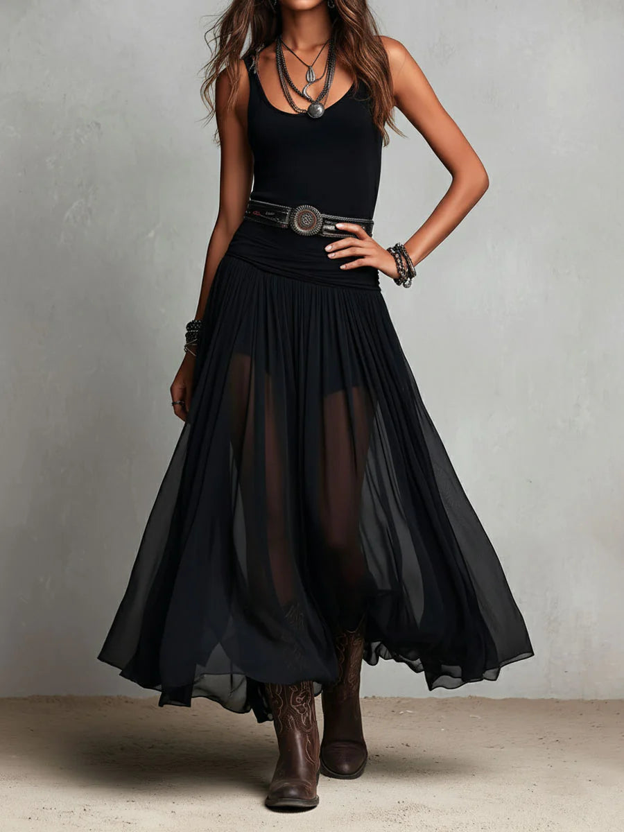 Vestido maxi negro con cuerpo de tirantes y falda de tul (sin cinturón)