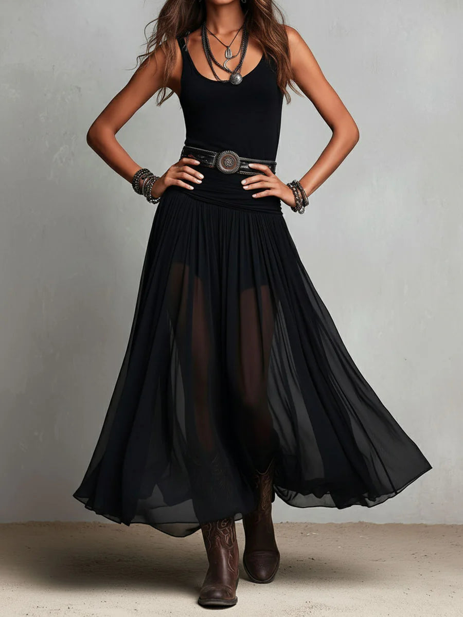 Vestido maxi negro con cuerpo de tirantes y falda de tul (sin cinturón)
