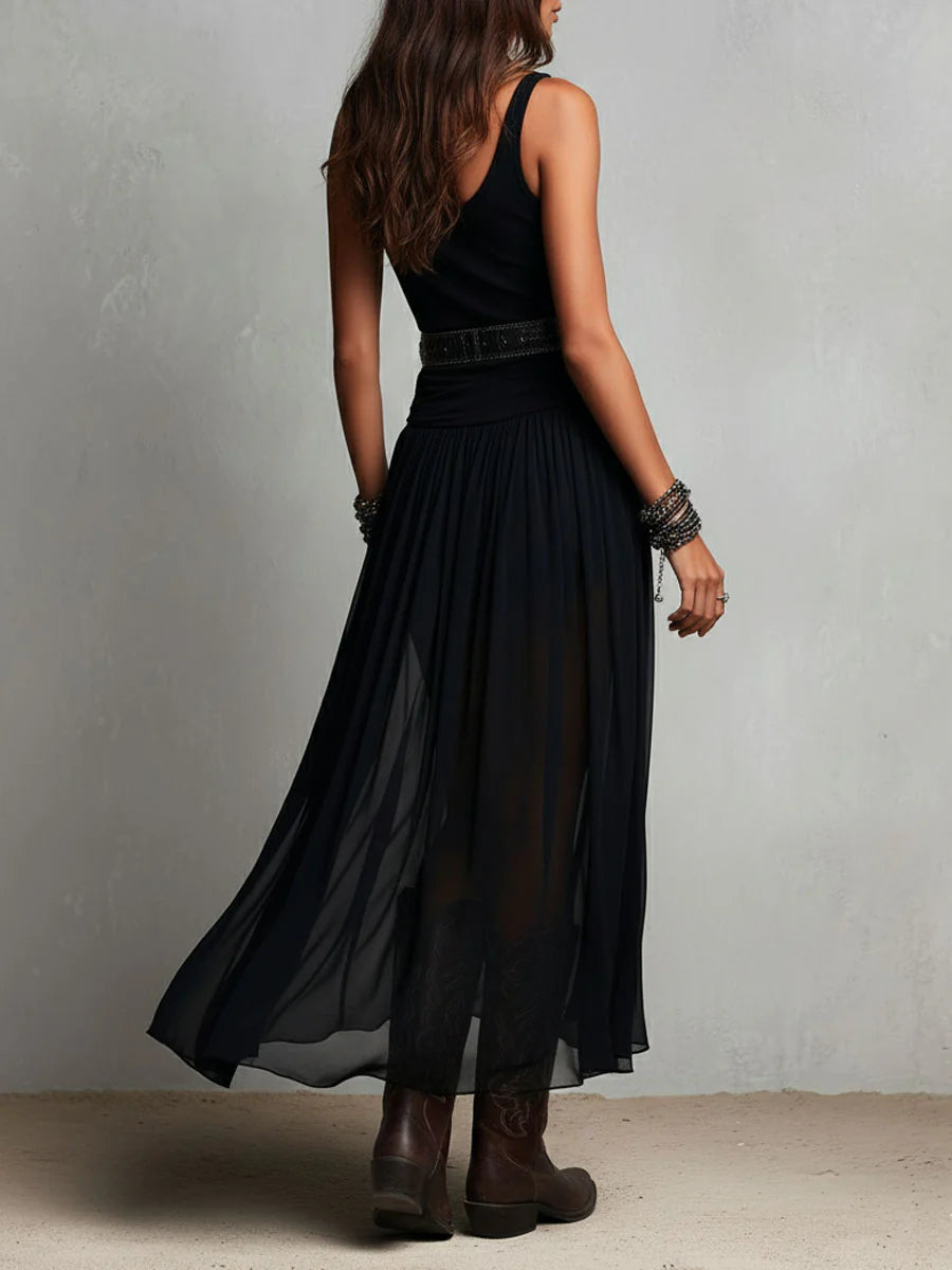 Vestido maxi negro con cuerpo de tirantes y falda de tul (sin cinturón)