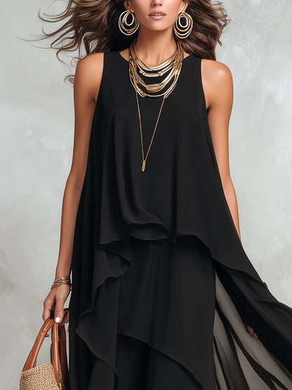 Vestido maxi negro de gasa en capas, cuello redondo y sin mangas