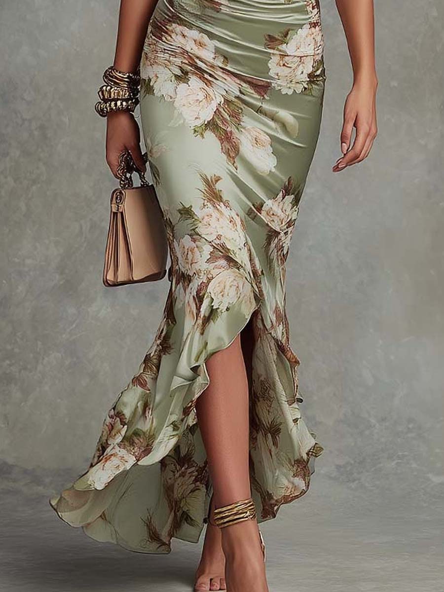 Vestido maxi asimétrico de satén verde floral con escote en V y mangas acampanadas con volantes