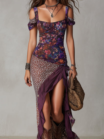 Vestido maxi morado de estilo nómada urbano con estampado de leopardo y flores y abertura alta