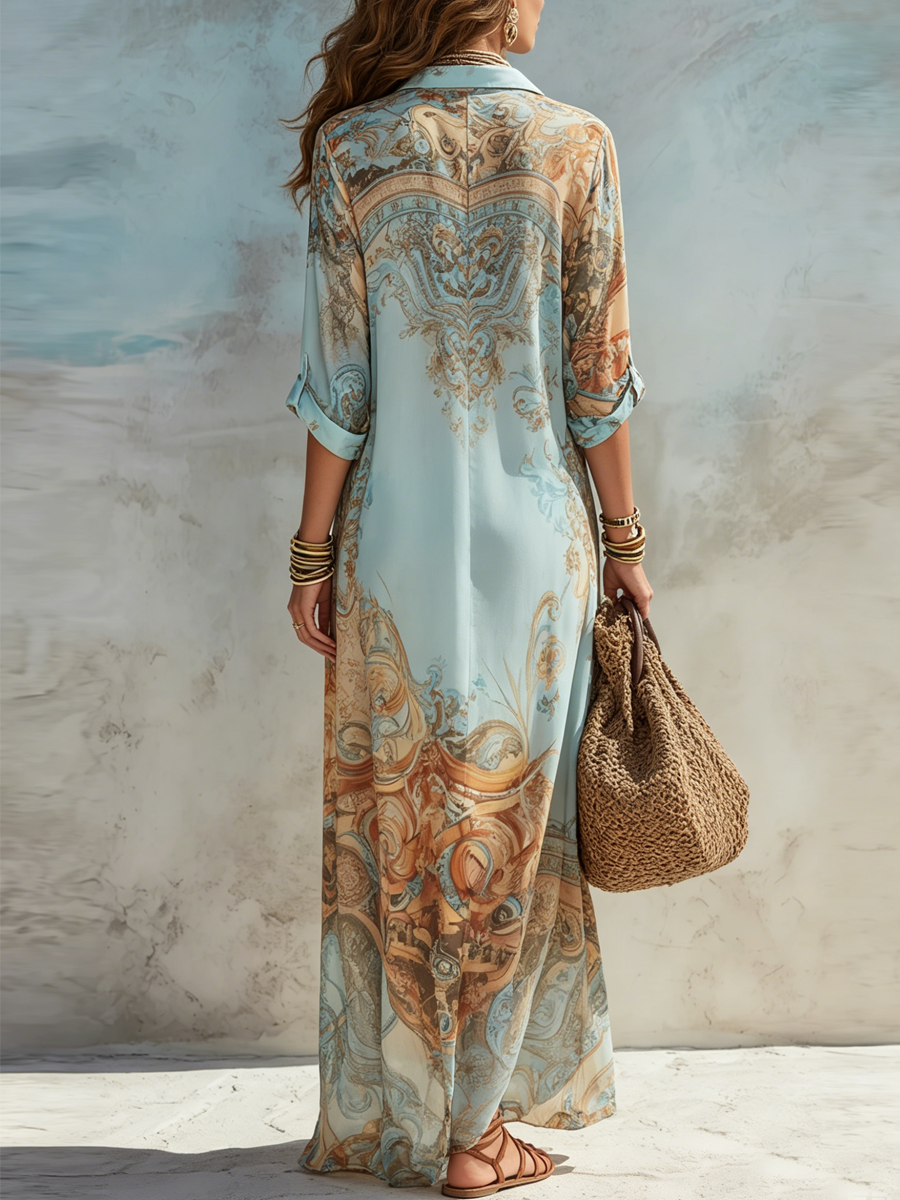 Vestido maxi camisero de vacaciones con estampado floral azul