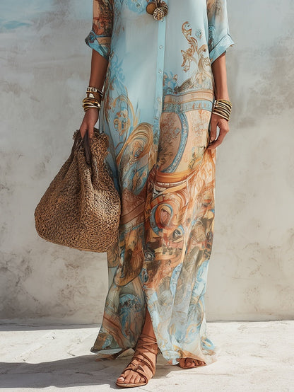 Vestido maxi camisero de vacaciones con estampado floral azul