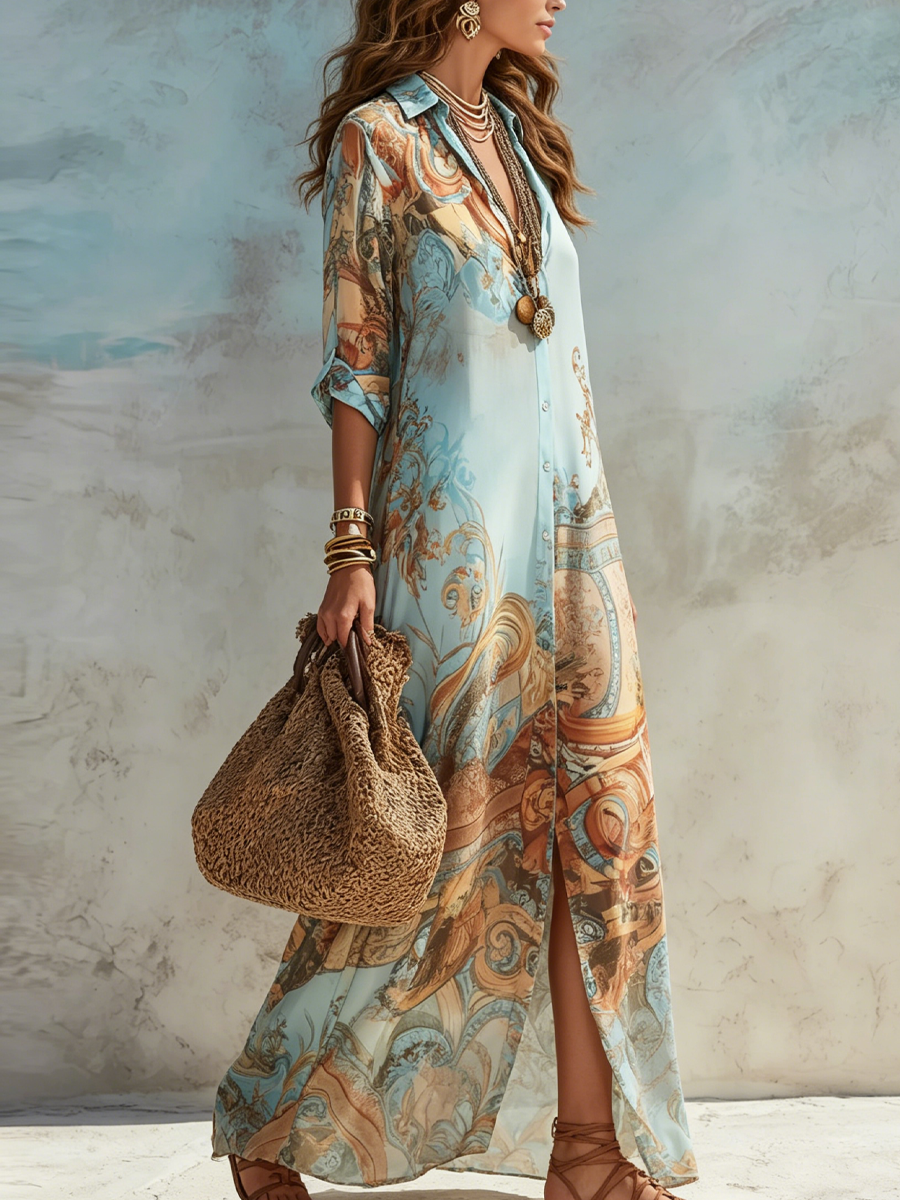 Vestido maxi camisero de vacaciones con estampado floral azul