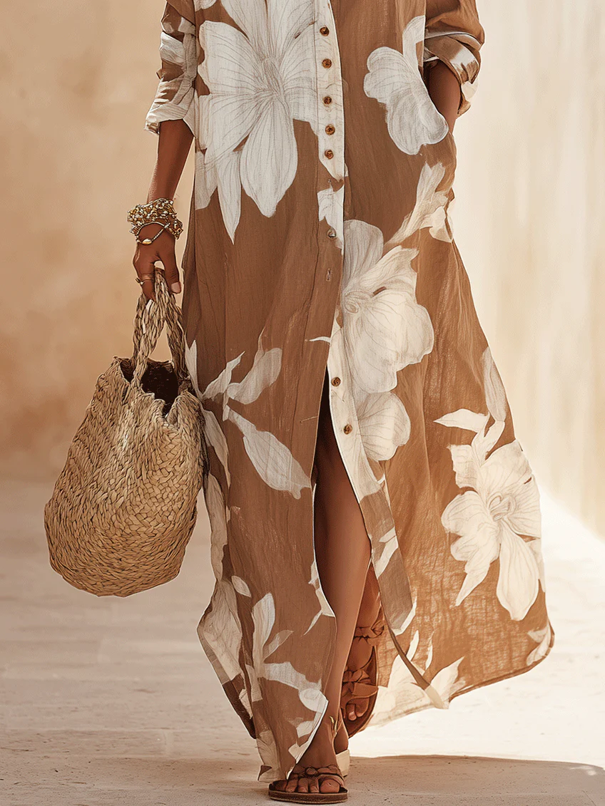 Vestido camisero largo para vacaciones con estampado floral marrón y blanco