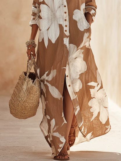 Vestido camisero largo para vacaciones con estampado floral marrón y blanco