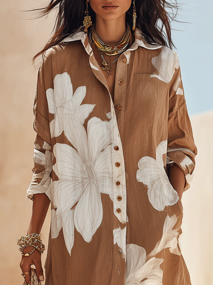 Vestido camisero largo para vacaciones con estampado floral marrón y blanco