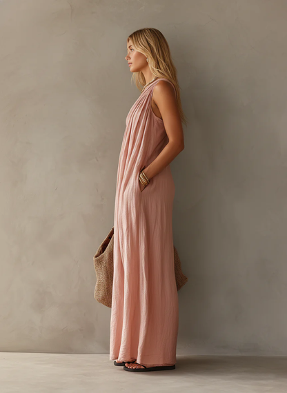 Elegante vestido largo rosa asimétrico sin mangas