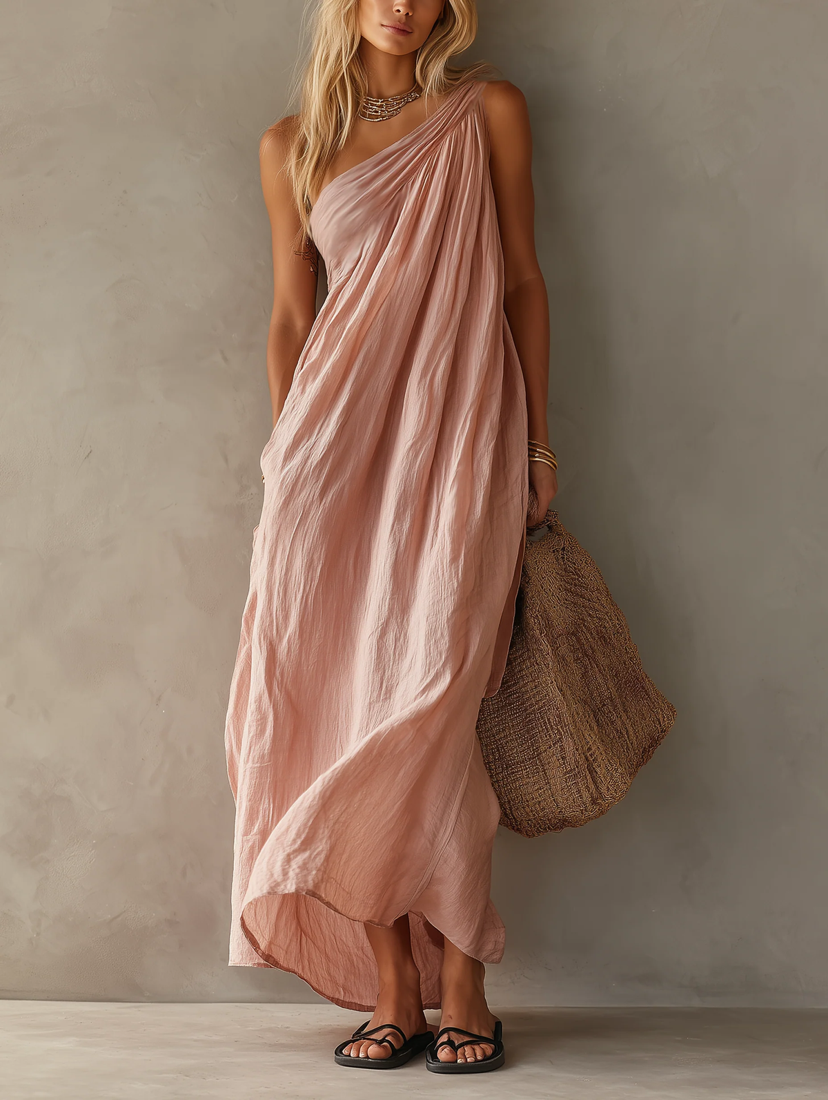 Elegante vestido largo rosa asimétrico sin mangas