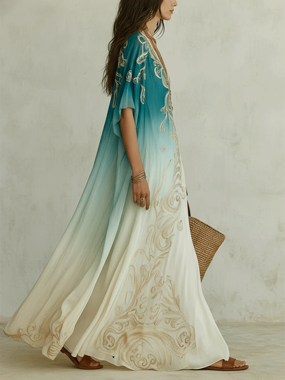 Vestido largo caftán fluido con estampado dorado degradado