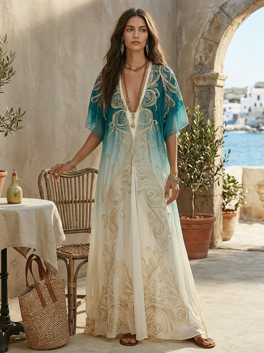Vestido largo caftán fluido con estampado dorado degradado