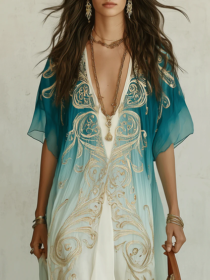 Vestido largo caftán fluido con estampado dorado degradado