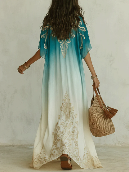 Vestido largo caftán fluido con estampado dorado degradado