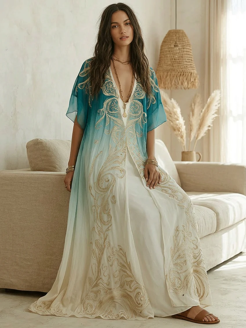 Vestido largo caftán fluido con estampado dorado degradado