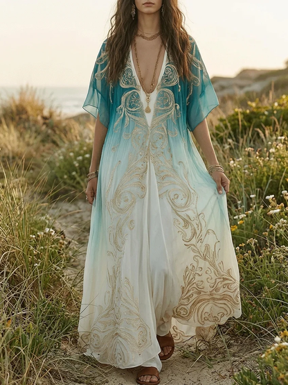 Vestido largo caftán fluido con estampado dorado degradado