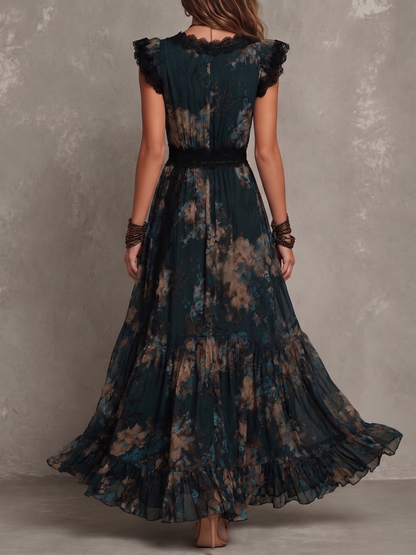 Vestido maxi vintage de gasa verde oscuro floral con ribete de encaje
