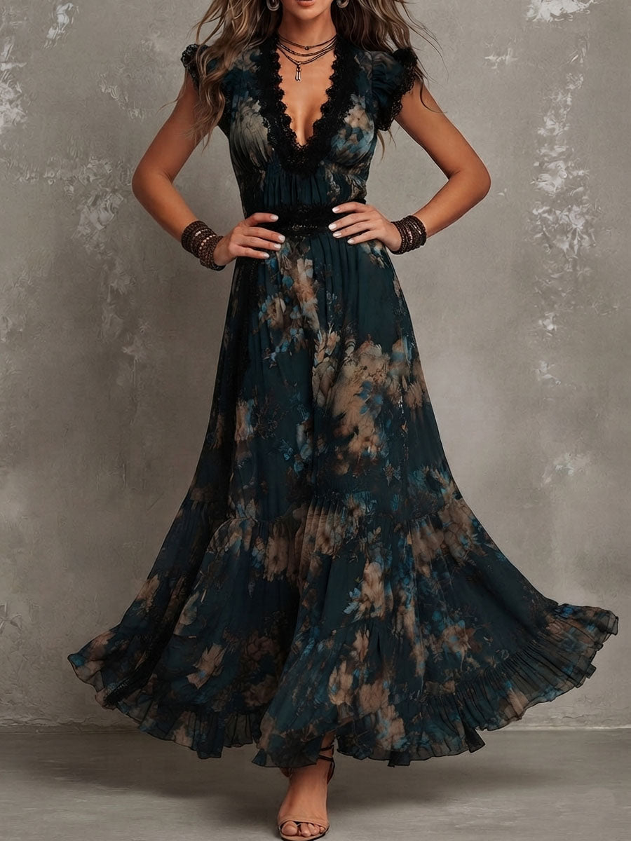 Vestido maxi vintage de gasa verde oscuro floral con ribete de encaje