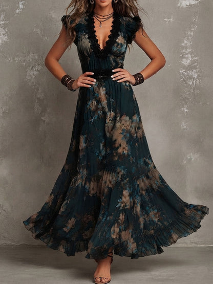 Vestido maxi vintage de gasa verde oscuro floral con ribete de encaje