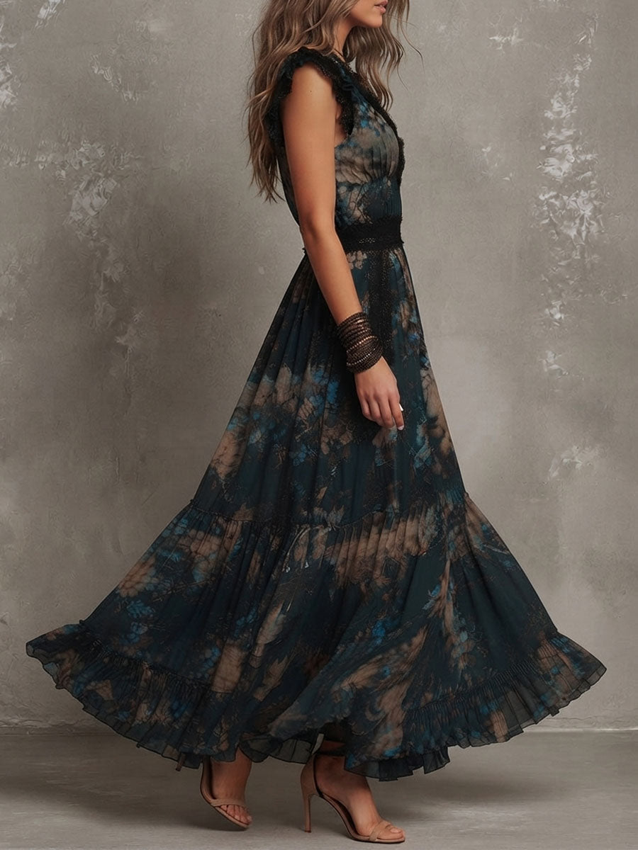 Vestido maxi vintage de gasa verde oscuro floral con ribete de encaje