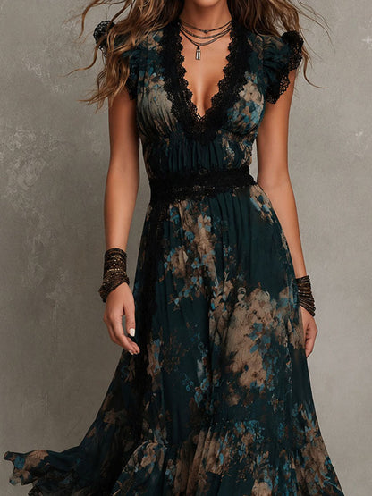 Vestido maxi vintage de gasa verde oscuro floral con ribete de encaje