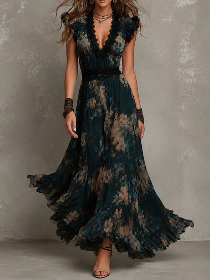 Vestido largo vintage de gasa verde oscuro con flores y ribete de encaje